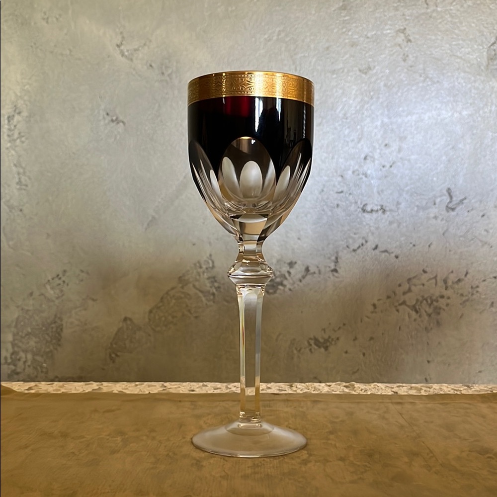 Vintage Moser Burgundy Colored Crystal Wine Glass With Gold Rim